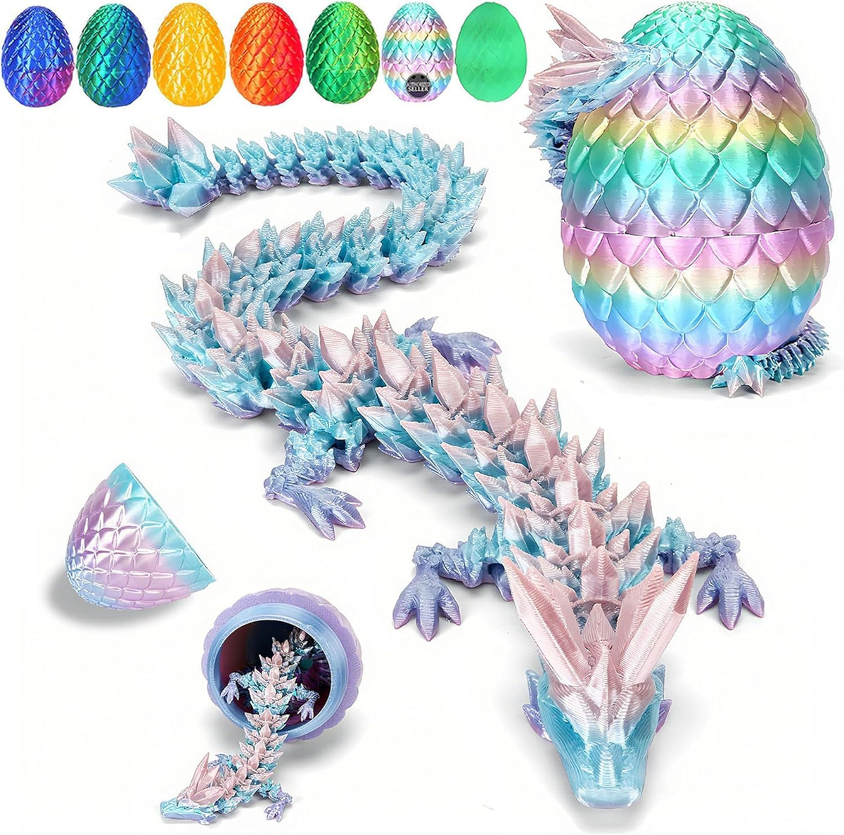 3D Printed Dragon Egg, Mystery Articulated Crystal Dragon Egg Fidget Toys, 3D Print Surprise - Rainbow Color