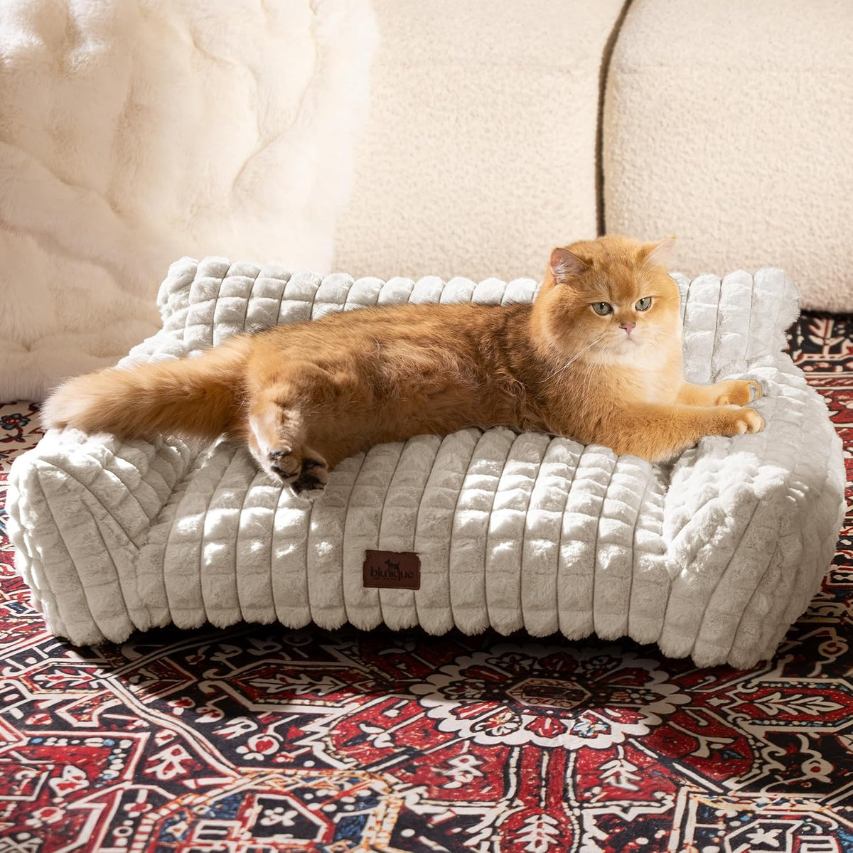 Cat Couch Bed with Fluffy Faux Rabbit Fur for Indoor Cats - Off White / Medium: 30"L x 20"W x 10"Th - image 2