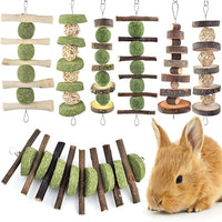 ERKOON Bunny Chew Toys, Rabbit Chew Toys for Teeth Grinding, Improve Dental Health, 100% Natural Apple Wood Timothy Grass Cake Treats for Rabbits Guinea Pigs Chinchillas Bunnies Hamsters (7 Pcs)