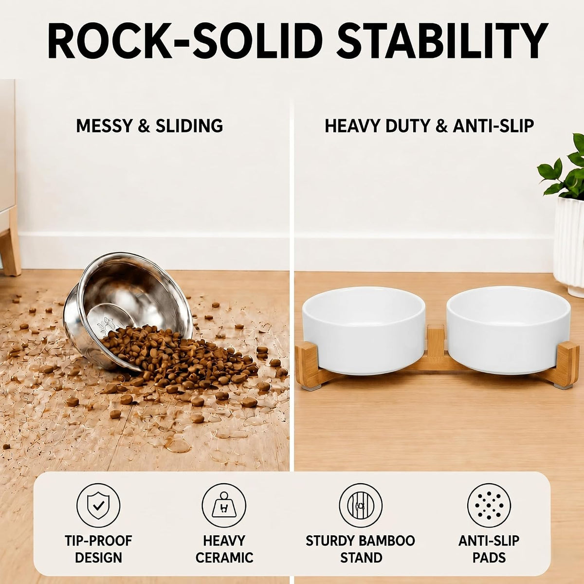 SPUNKYJUNKY Ceramic Dog and Cat Bowl with Wood Stand Non-Slip Matte - 5 cups / White × 2 - image 3