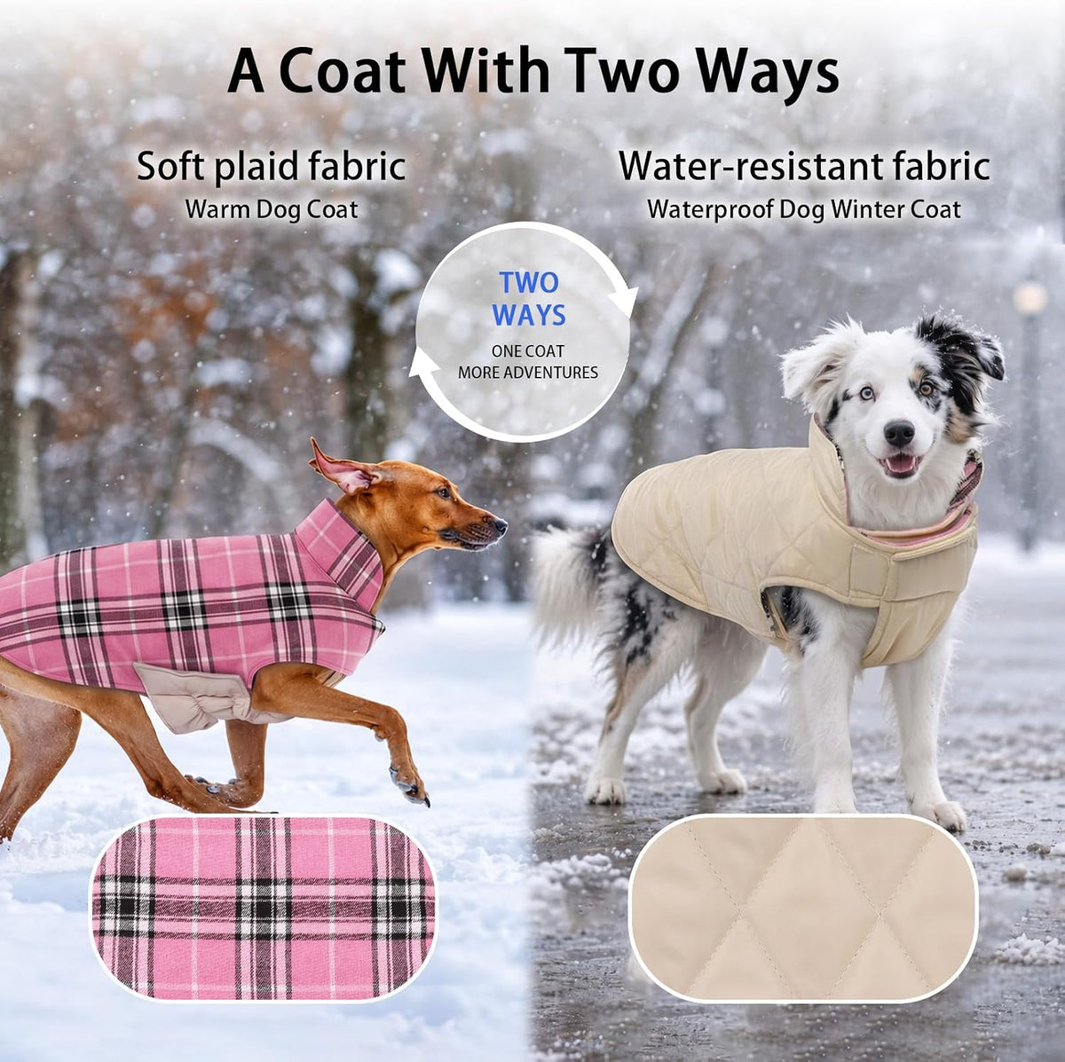 Winter Dog Jackets, Reversible Dog Coat with Leash Hole - Pink / L - image 3