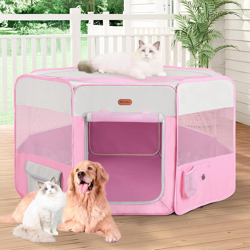 Dog Playpen, Portable Pet Play Pen Foldable Carrying Case - Pink / 1 / Medium