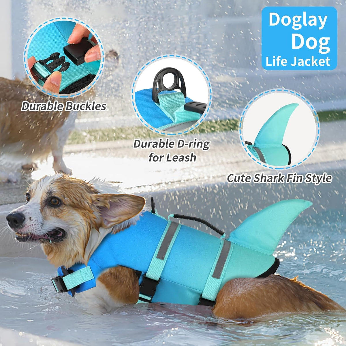 Doglay Dog Life Vest, Ripstop Shark Life Jacket - Large / Gradient Blue - image 2