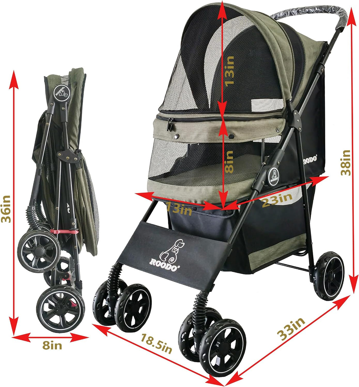 ROODO 4 Wheel Dog Cat Pet Stroller Best Lightweight Foldable Compact - sage green - image 3