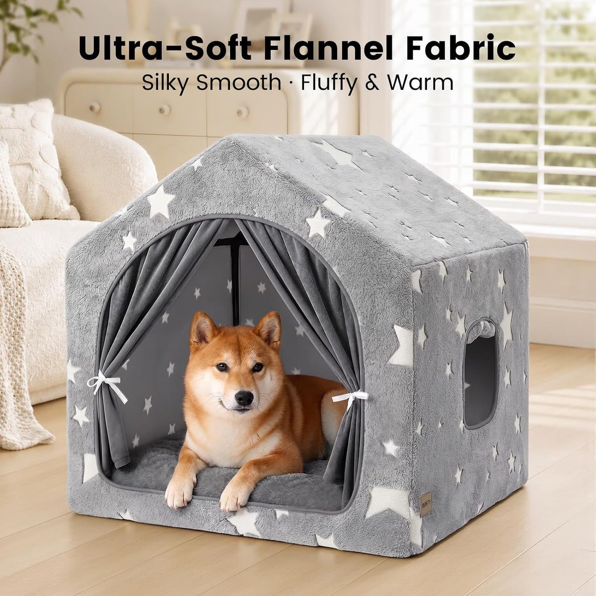 Indoor Dog House with Frame, Cute Dog Tent Bed with Cover Cave - Large ( 25" × 25" × 25" ) / Gray with flannel - image 2