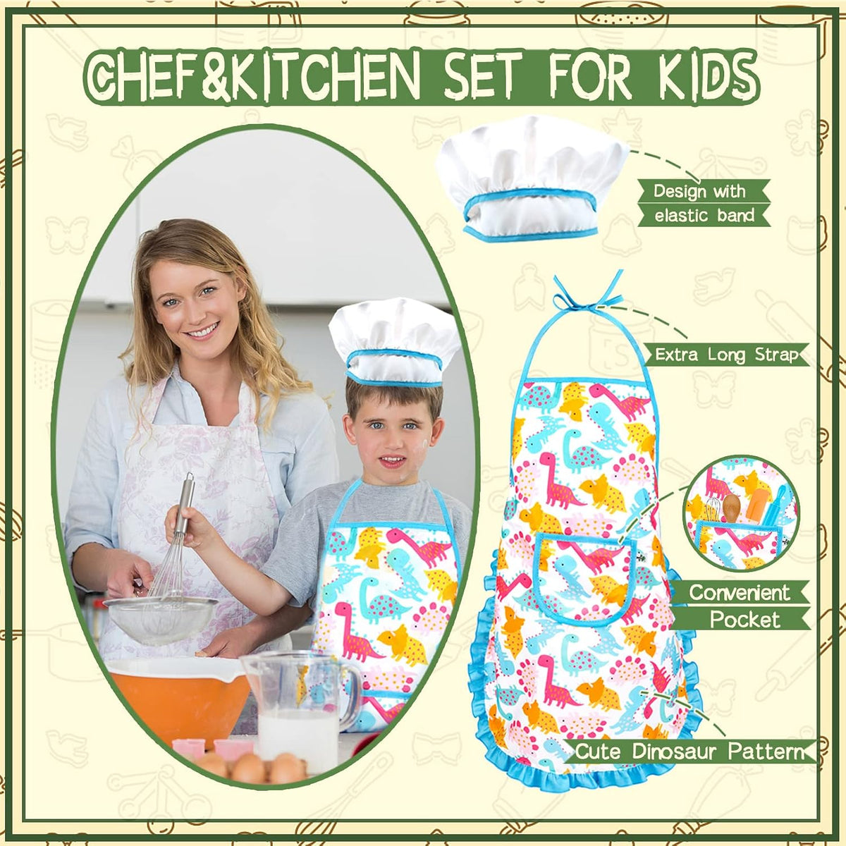 KAEGREEL Kids Baking Chef Set with Unicorn Apron and Mitt - Blue Dinosaur Apron+6 Dinosaur Cookie Cutters - image 2