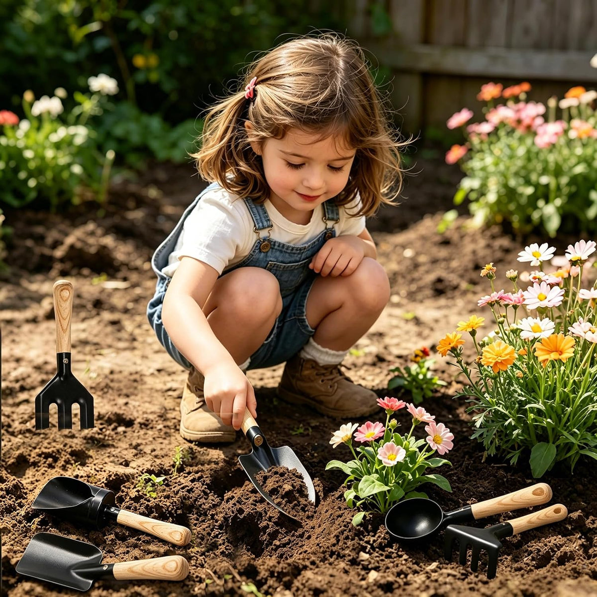 7PCS Kids Gardening Tools, Long Shovel, Rake for Leaves, Spade - 6pcs black short garden tools - image 4