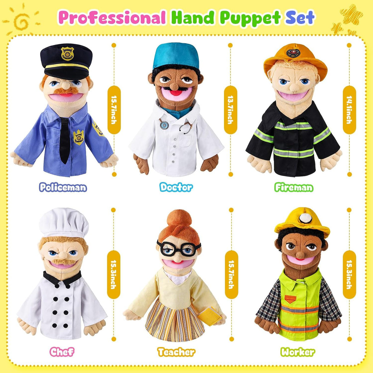6 Pcs Family Hand Puppets 12 Inch Grandparents, Mom & Dad - Essential Workers - image 3