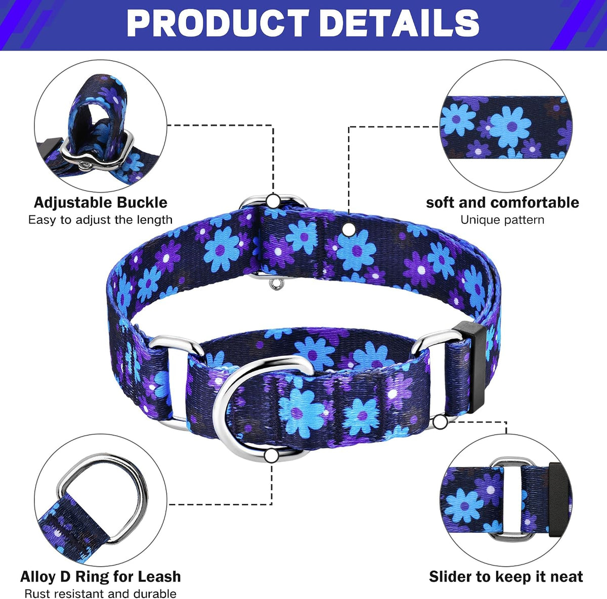 Hikiko Martingale Dog Collar Without Buckle - Navy Blue Flower / Medium - image 4