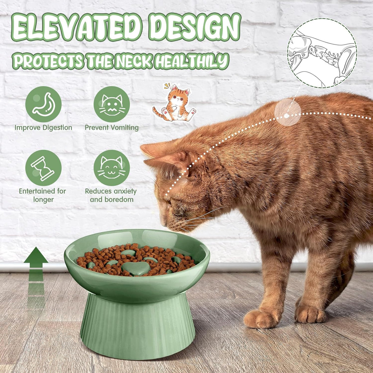 Tioncy 2 Pcs Ceramic Elevated Slow Feeder Cat Bowl - Sage Green / 1 - image 4
