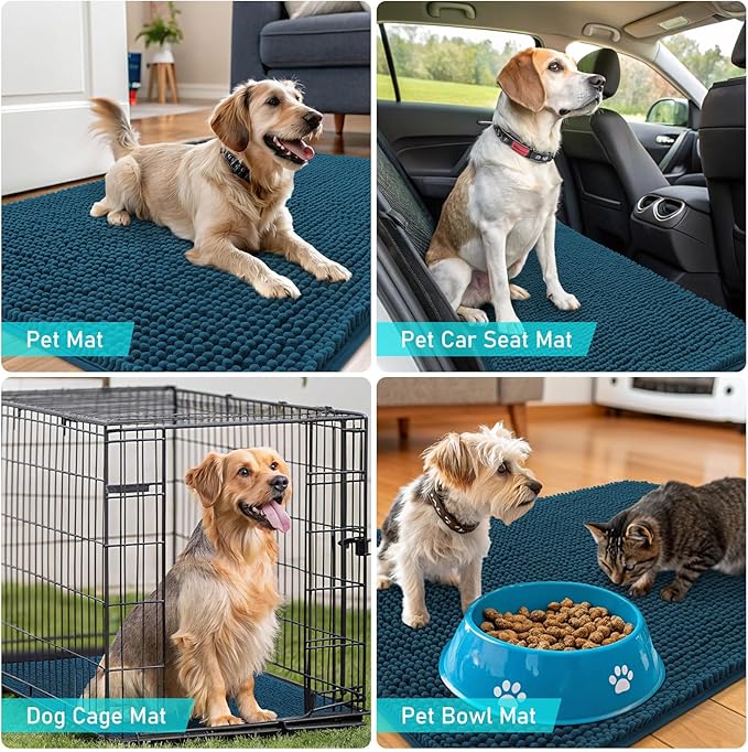 OLANLY Dog Door Mat Set 4-Piece 36x24, Absorbs Moisture and Dirt, Absorbent Non-Slip Washable Doormat, Quick Dry Chenille Mud Mat for Dogs, Entry Indoor Entryway Carpet for Inside Floor, Atlantic Blue