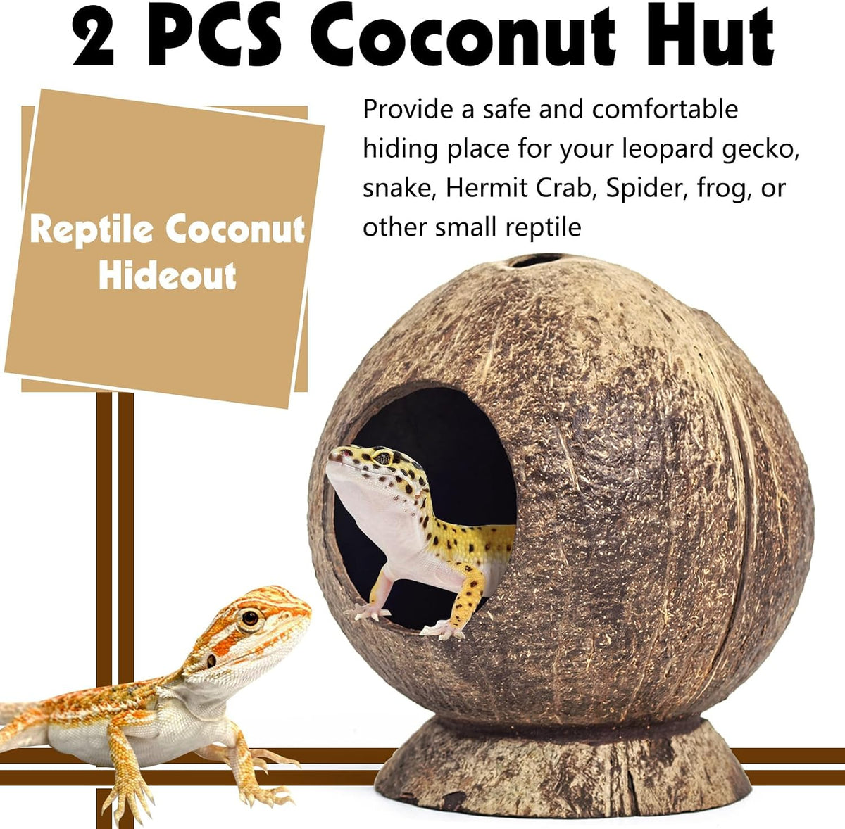 PINVNBY 2 PCS Natural Coconut Reptile Hideouts Lizard Coco Hut Hermit - Smooth Surface / High-Crowned Style, 2PCS - image 4