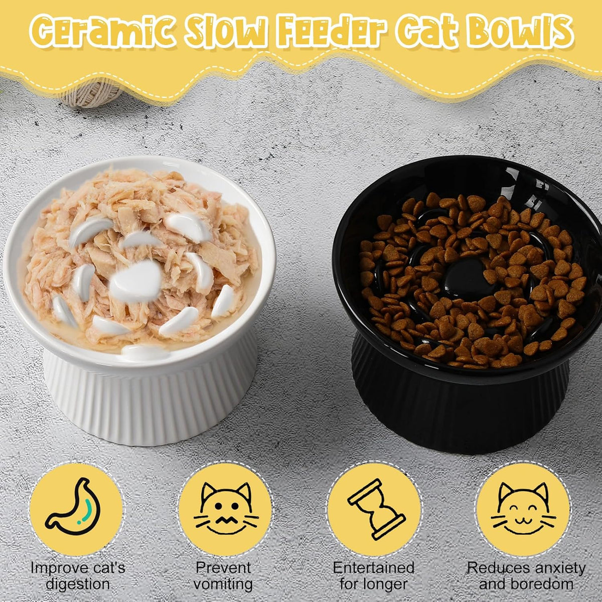 Tioncy 2 Pcs Ceramic Elevated Slow Feeder Cat Bowl - Black, White / 2 - image 4