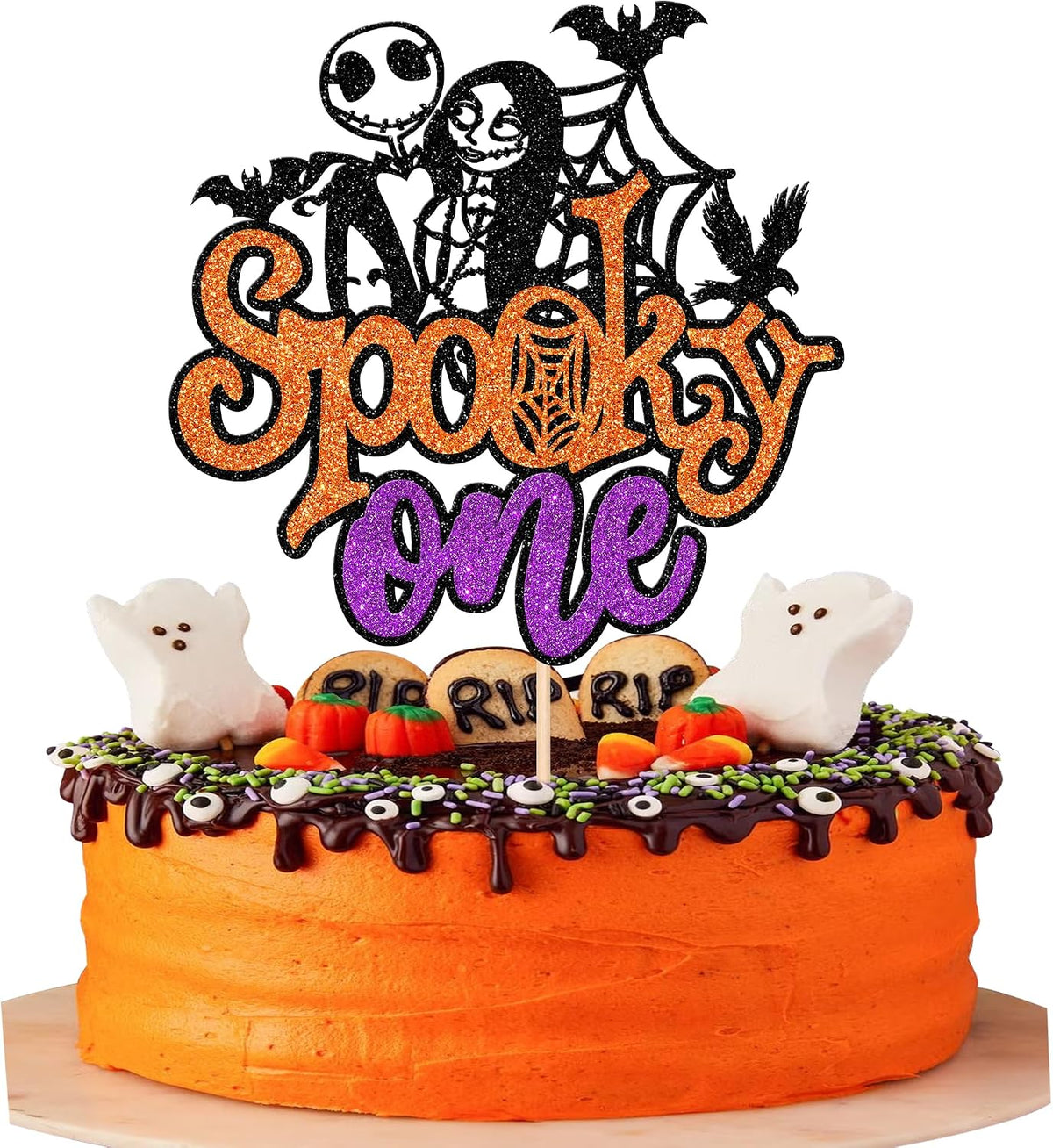 24 PCS Halloween Bat Cupcake Toppers Black Glitter Bat Cupcake Picks - Pattern C4-orange