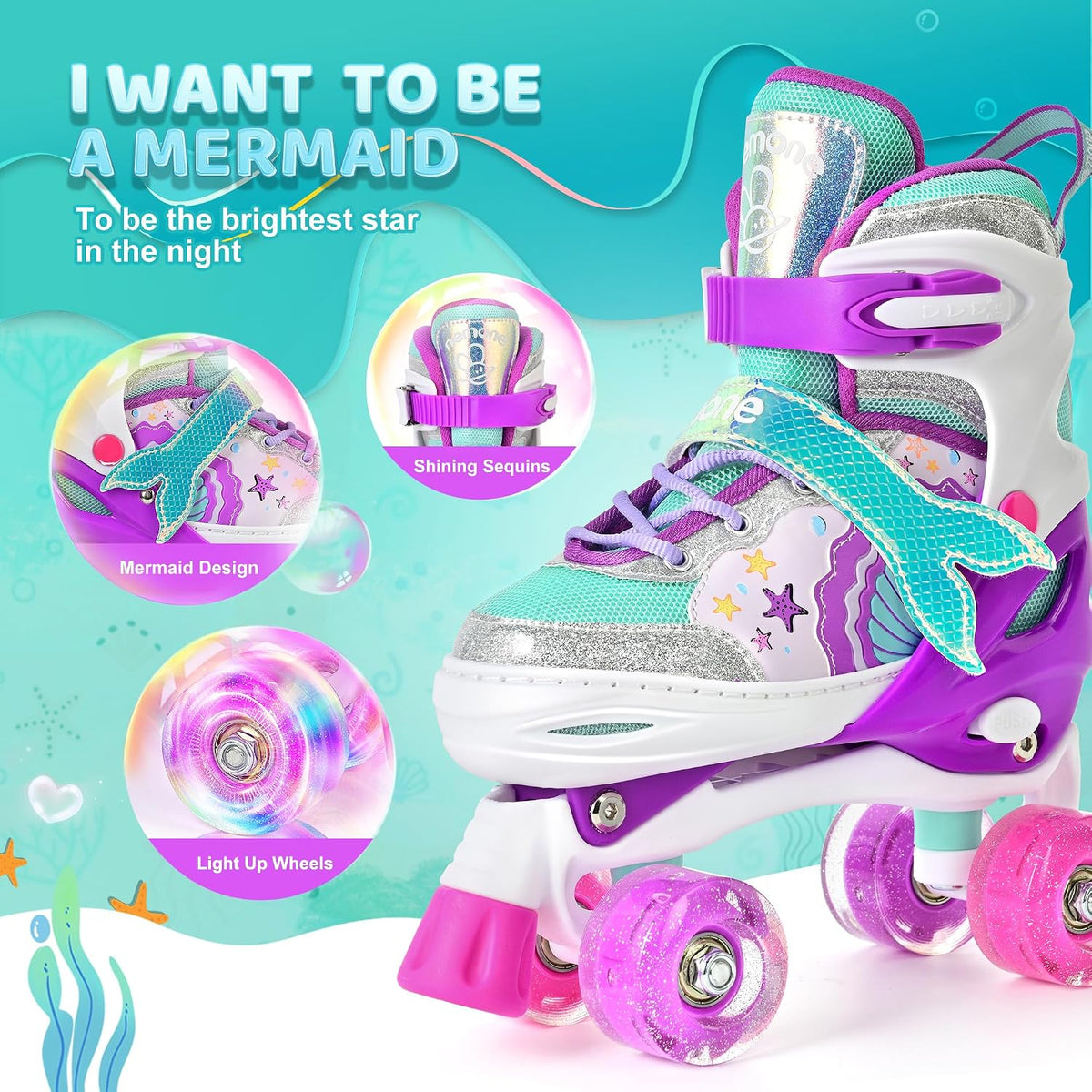 NEMONE Mermaid Adjustable Light up Roller Skates for Girls Boys – Fun for Kids & Family - C- Pearl Mermaid / Large - Youth - image 2