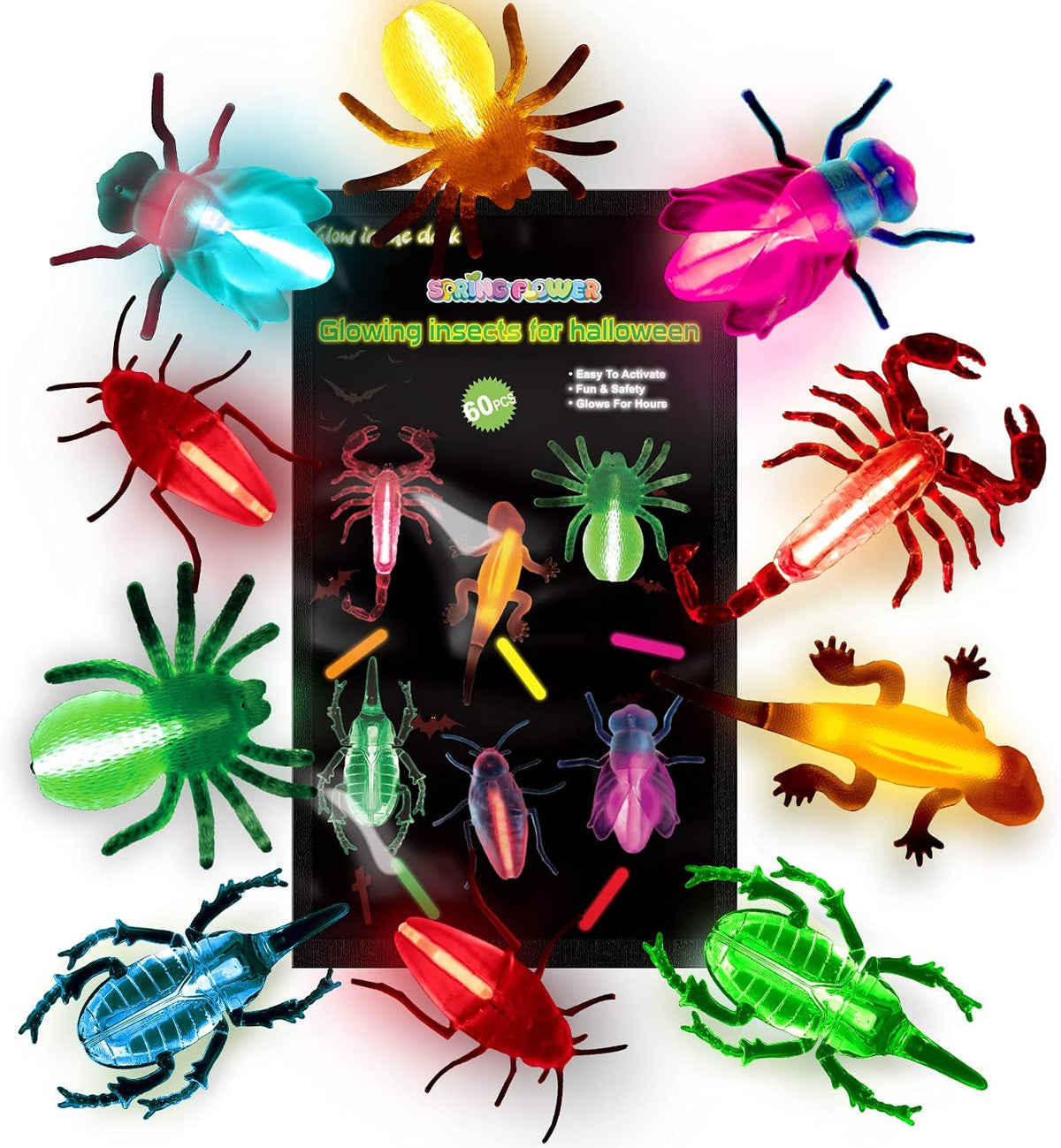 SpringFlower 20 glow in the dark Halloween critters with mini glow sticks