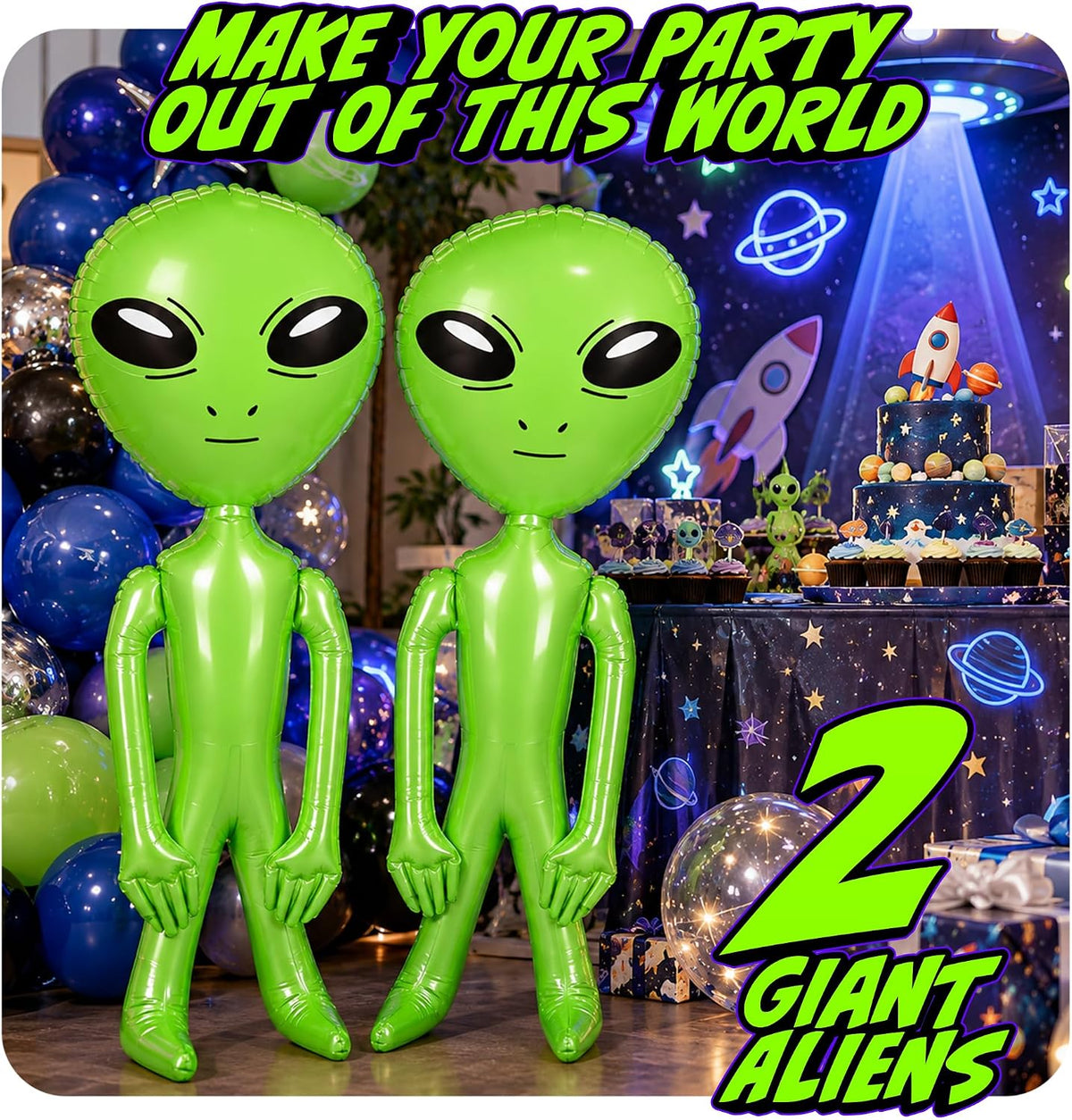 ArtCreativity set of two 34 inch green inflatable alien toys for parties and pools - view 2