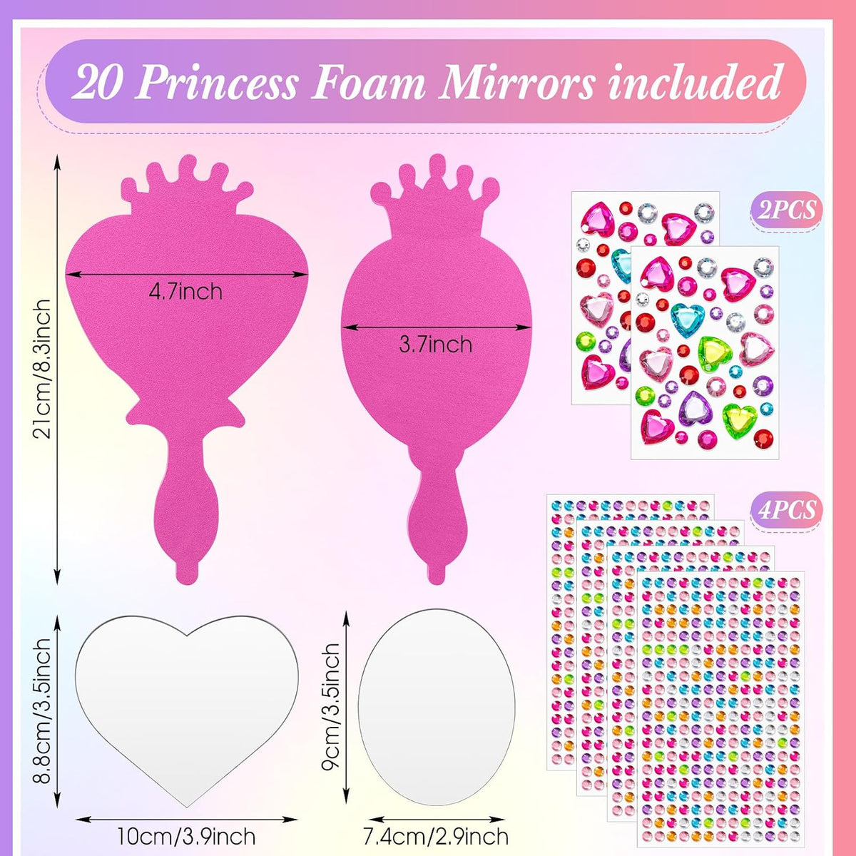 Geetery unbreakable kids mirror craft kit, 20 heart and oval foam princess mirrors in pink, blue and - view 12