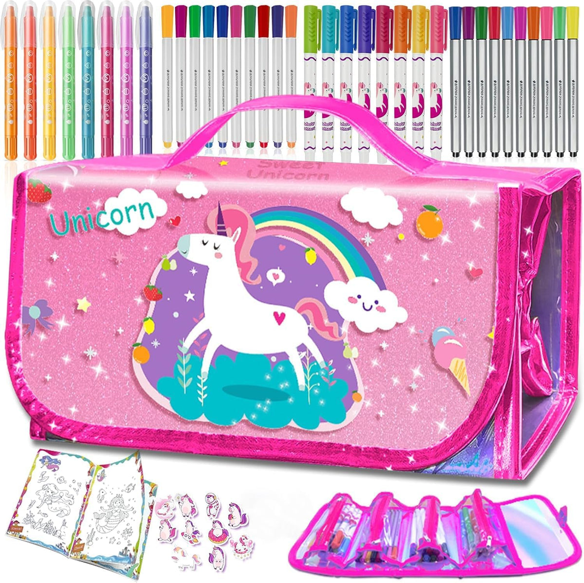 weirtoya 56 PCS Washable Scented Markers Set with Glitter Pencil Case - Pink Unicorn