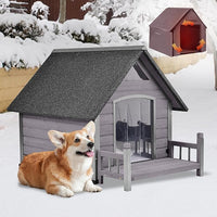 GUTINNEEN Insulated Dog House Outdoor, Waterproof Dog Kennel with Anti-Bite Design, Asphalt Roof, Elevated Base, PVC Curtain, for Small to Medium Dogs - Grey
