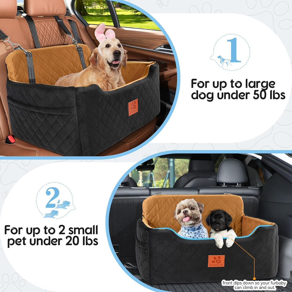 Dog Car Seat for Medium/Large Dog Under 50 lbs or 2 Small Dogs – Essentials for Dogs - Black/Brown - image 4