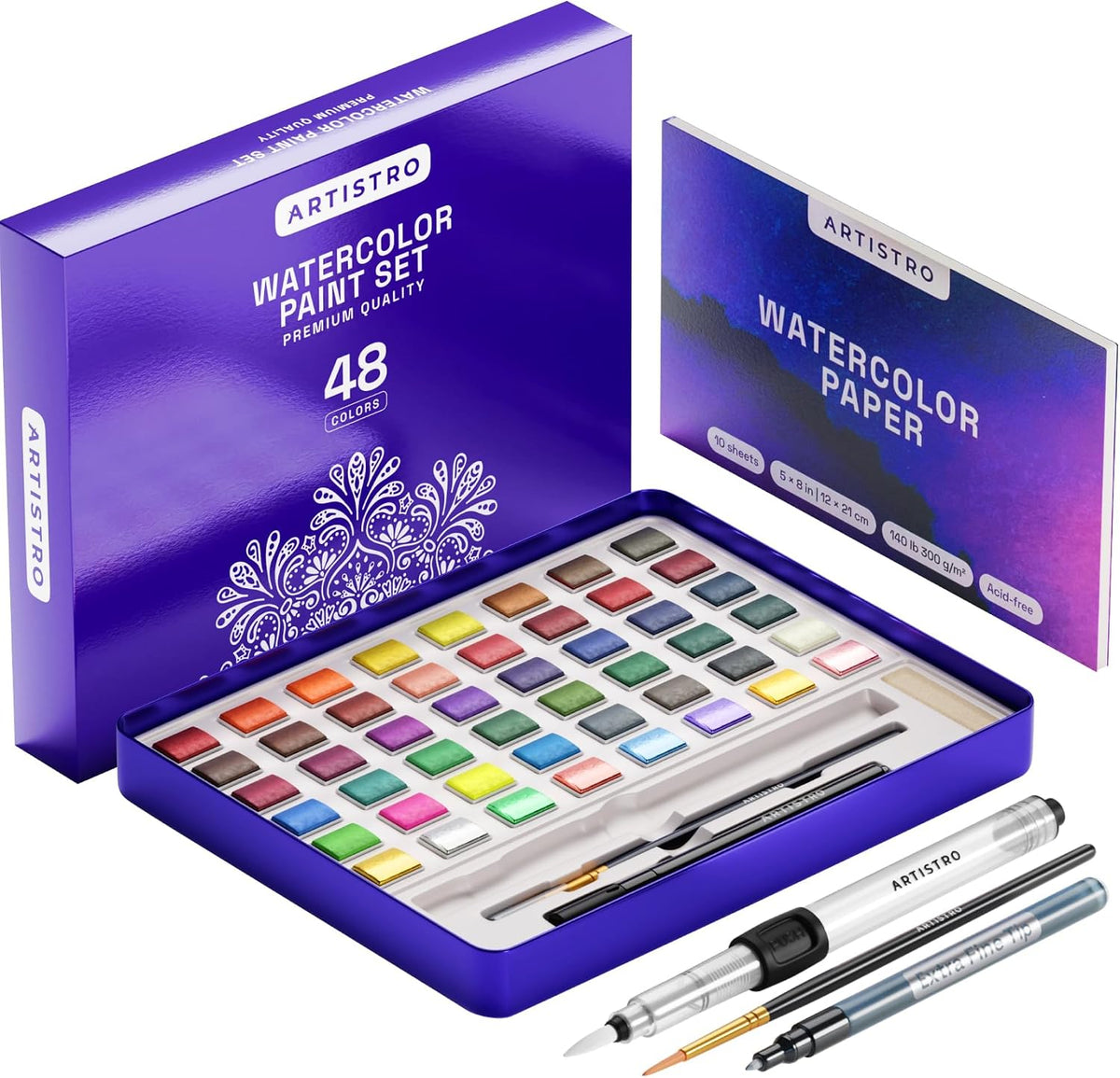 ARTISTRO 100 Watercolor Paint Set with Palette & Brushes for Adults - 1 Count (Pack of 48)