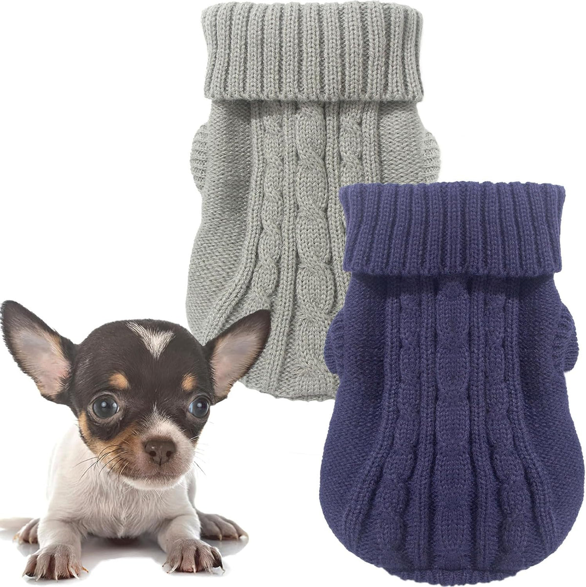 XXS Dog Sweater, 2 Pieces Turtleneck Knitted Chihuahua Sweater – Essentials for Dogs - X-Small / Navy Blue-Grey