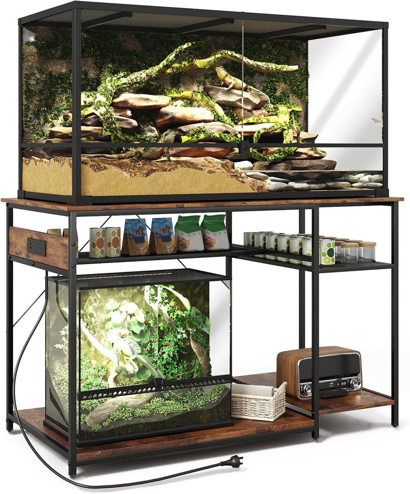 Reptile Tank Stand with Power Outlets，48" X 24" Tabletop Fits up - Double Layer / Rustic Brown