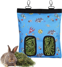 Rabbit Hay Feeder Bag Hanging Hay Rack – Essentials for Small Pets - 2 Windows / Pattern Blue