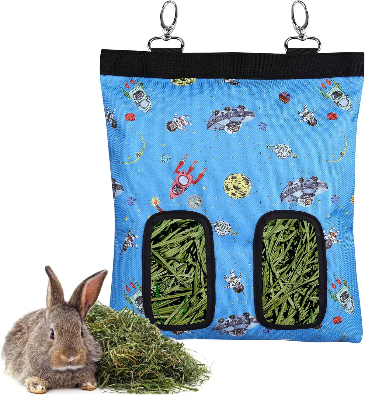 Rabbit Hay Feeder Bag Hanging Hay Rack – Essentials for Small Pets - 2 Windows / Pattern Blue