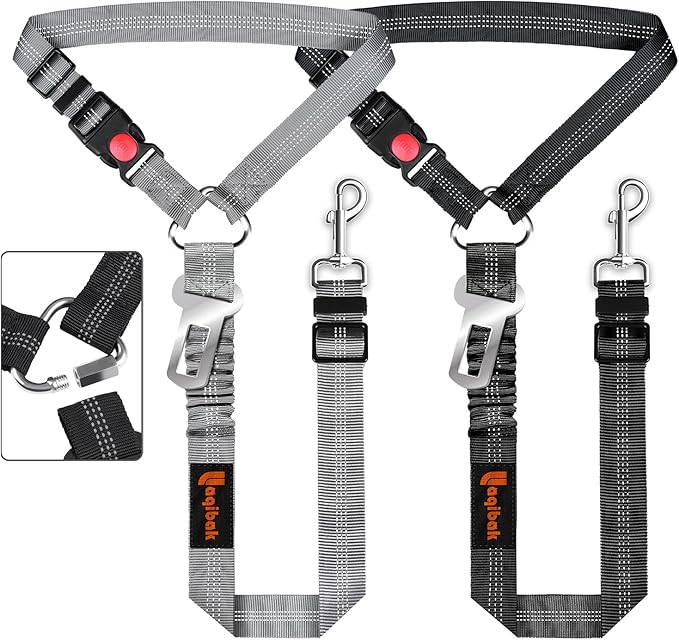 Removable Dog Seat Belt Harness for Car, 3 in 1 Pet Dog Car Seatbelt Leash, Retractable Restraint Secures to Vehicle Headrest & Adjustable Reflective Bungee Dog Seatbelt Tether, Grey