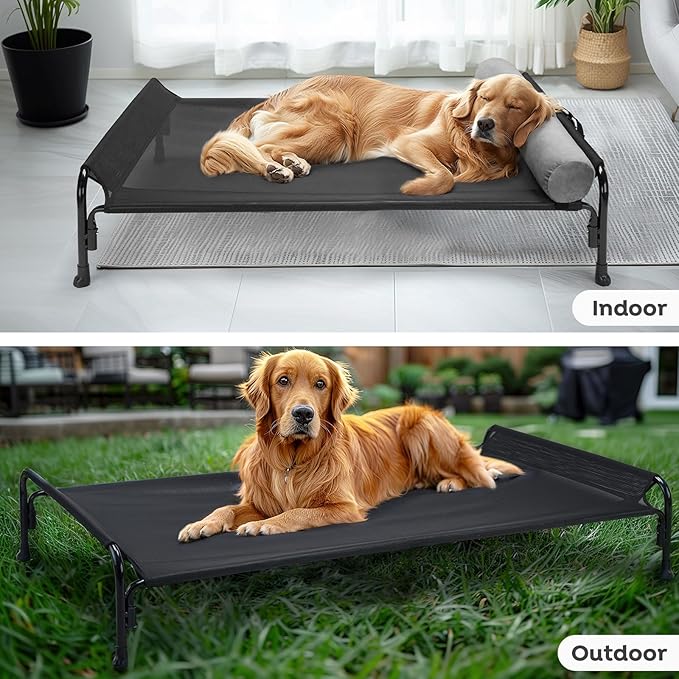 Veehoo Medium Elevated Dog Bed, Outdoor Raised Dog Cot Hammock Bed with One-Sided Removable Headrest Bolster, Cooling Breathable Washable Teslin Mesh, Off Ground, Anti-Slip, M, CWC2204BCP