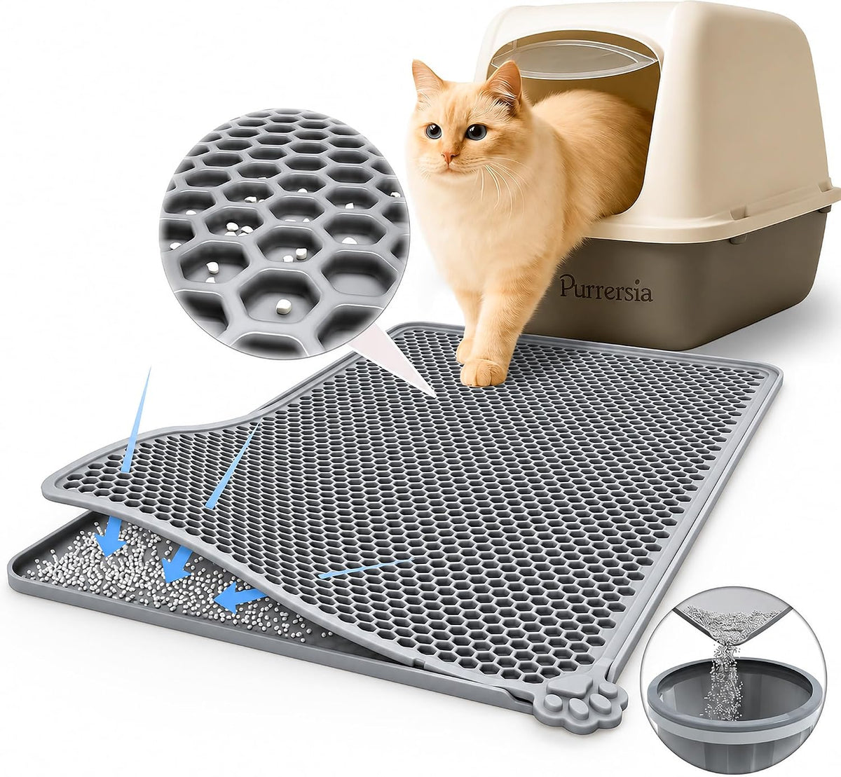 Silicone Cat Litter Mat 24x15" Double Layer Honeycomb Non-Slip – Daily Care for Cats - 24 x 15 inch / Gray