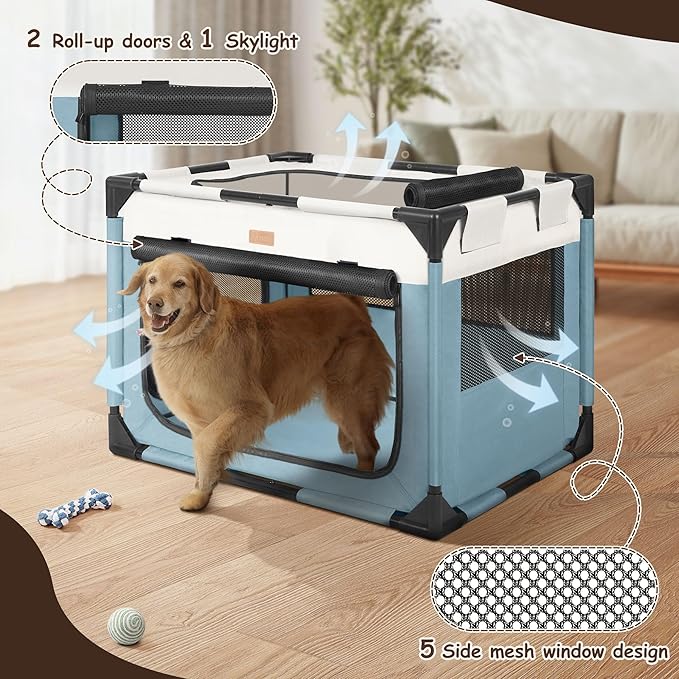 Dog Crate - Soft Pet Kennel for Dogs/Cats, 3-Door Breathable Travel Cage with Mesh Window, Portable Dog Kennel for Indoor & Outdoor, Blue-XL