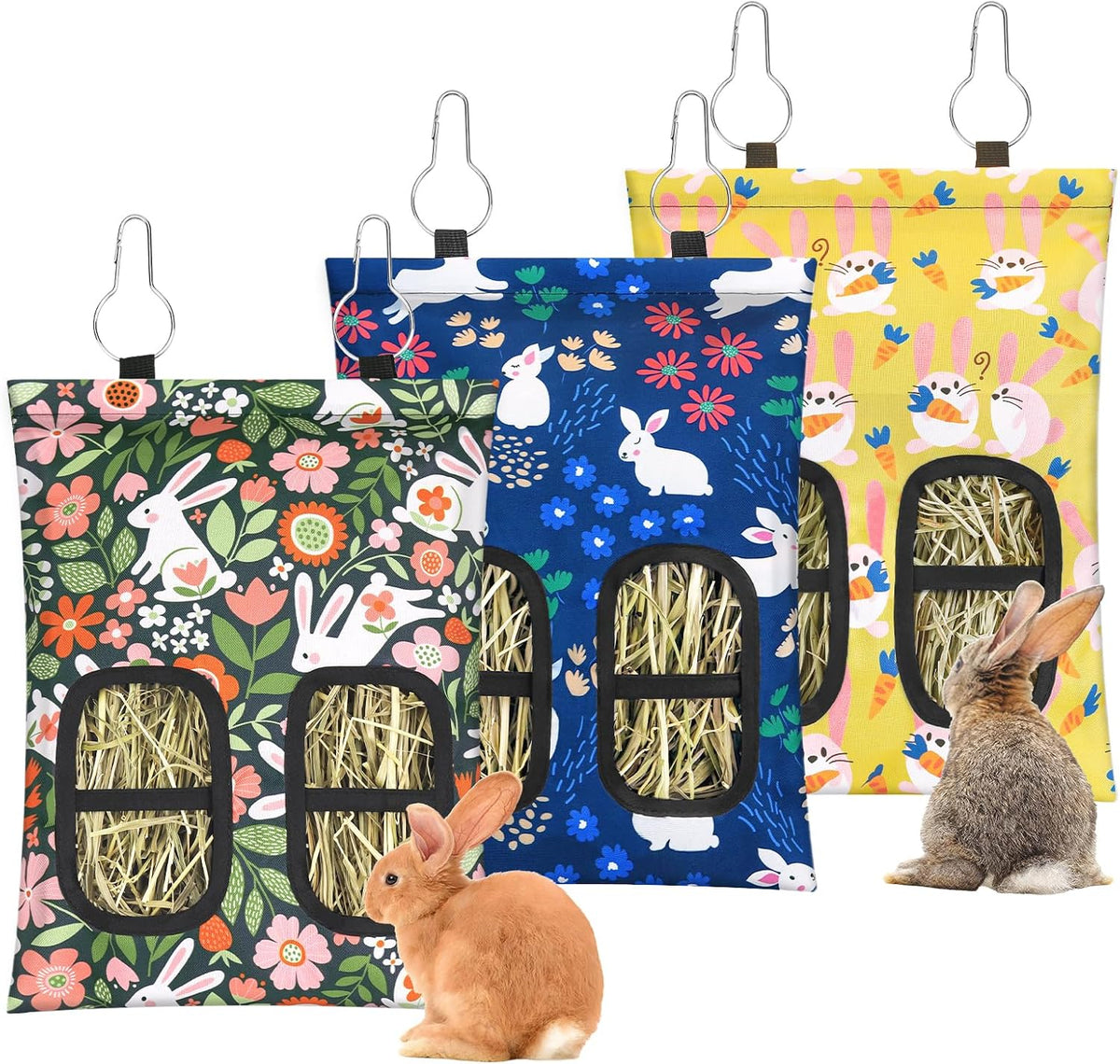 3 Pcs Rabbit Hay Feeder Bag - 11.8"×8.7" / Green,Yellow,Blue