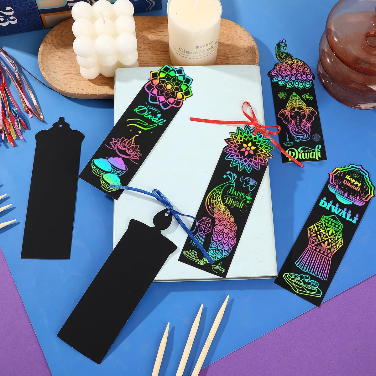 AUGSUN fall rainbow scratch art bookmarks with pumpkin and leaf designs - view 16