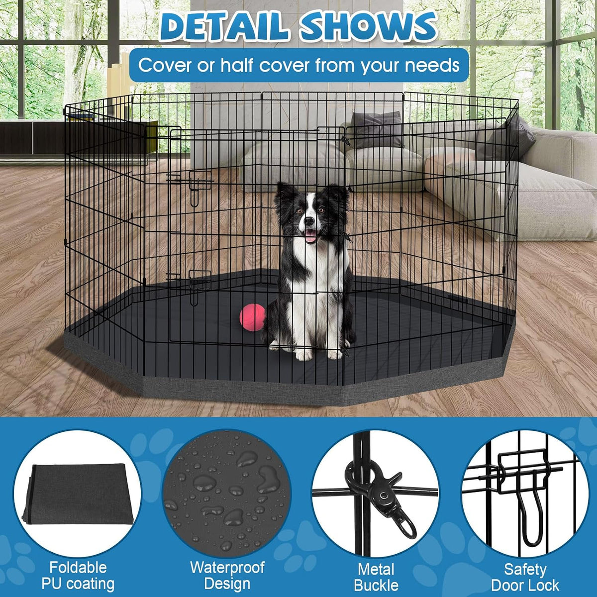 PEEKABOO Foldable Rustproof Dog Playpen with Door, 8 Panels 24"H – Essentials for Dogs - 8 Panels 30"H x 24"W Playpen+Bottom Pad - image 3