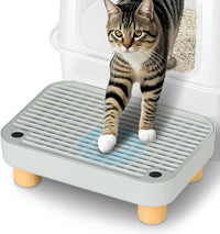 Litter Box Step, Litter Box Ramp/Catcher with Wooden Base - Light Gray