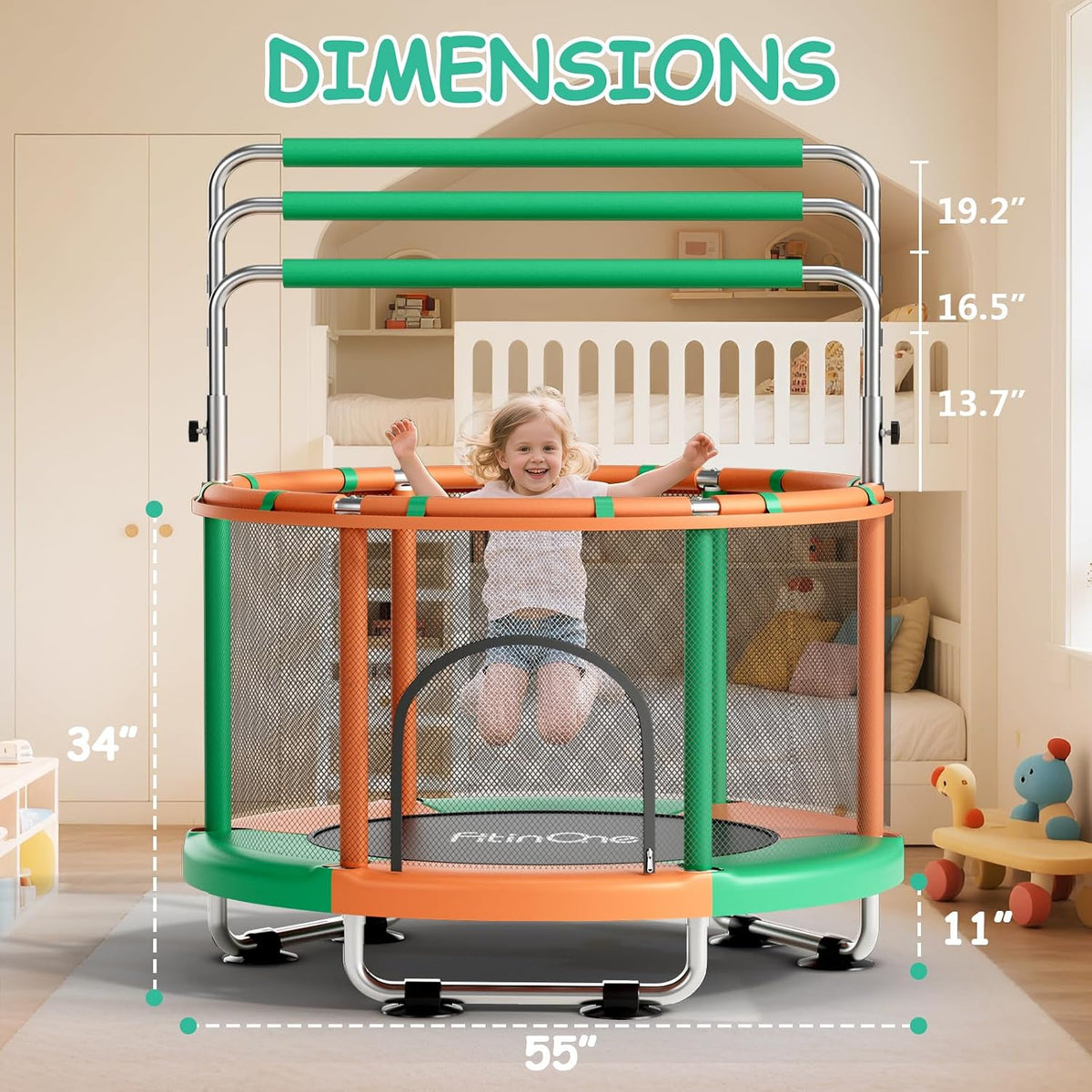 55" Toddler Mini Trampoline for Kids - Green-Orange - image 4