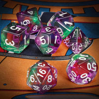 QMAY DND Dice Set - 7Pcs Blue Mix White Polyhedral Dice with Black Dice Bag – Fun for Kids & Family - Purple Green Transparent - image 4