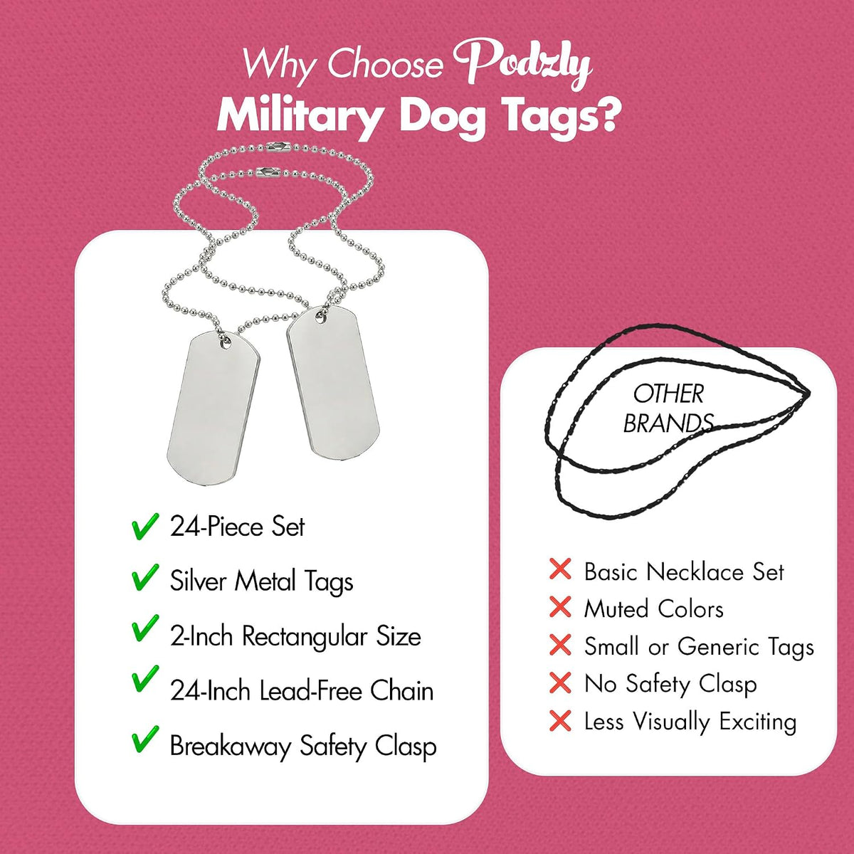 Podzly military dog tags for kids, silver metal tag on a 24 inch chain, 24 pack - view 4