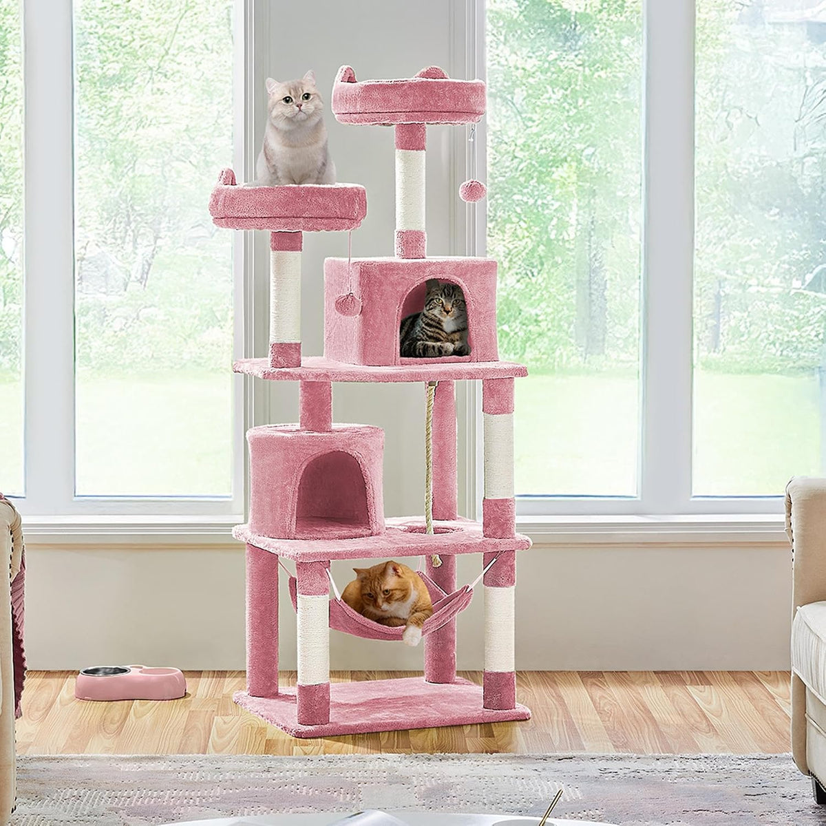 Yaheetech 62.5in Cat Tree with 2 Cat-Ear Perches & 2 Condos - 62.5in / Pink - image 2