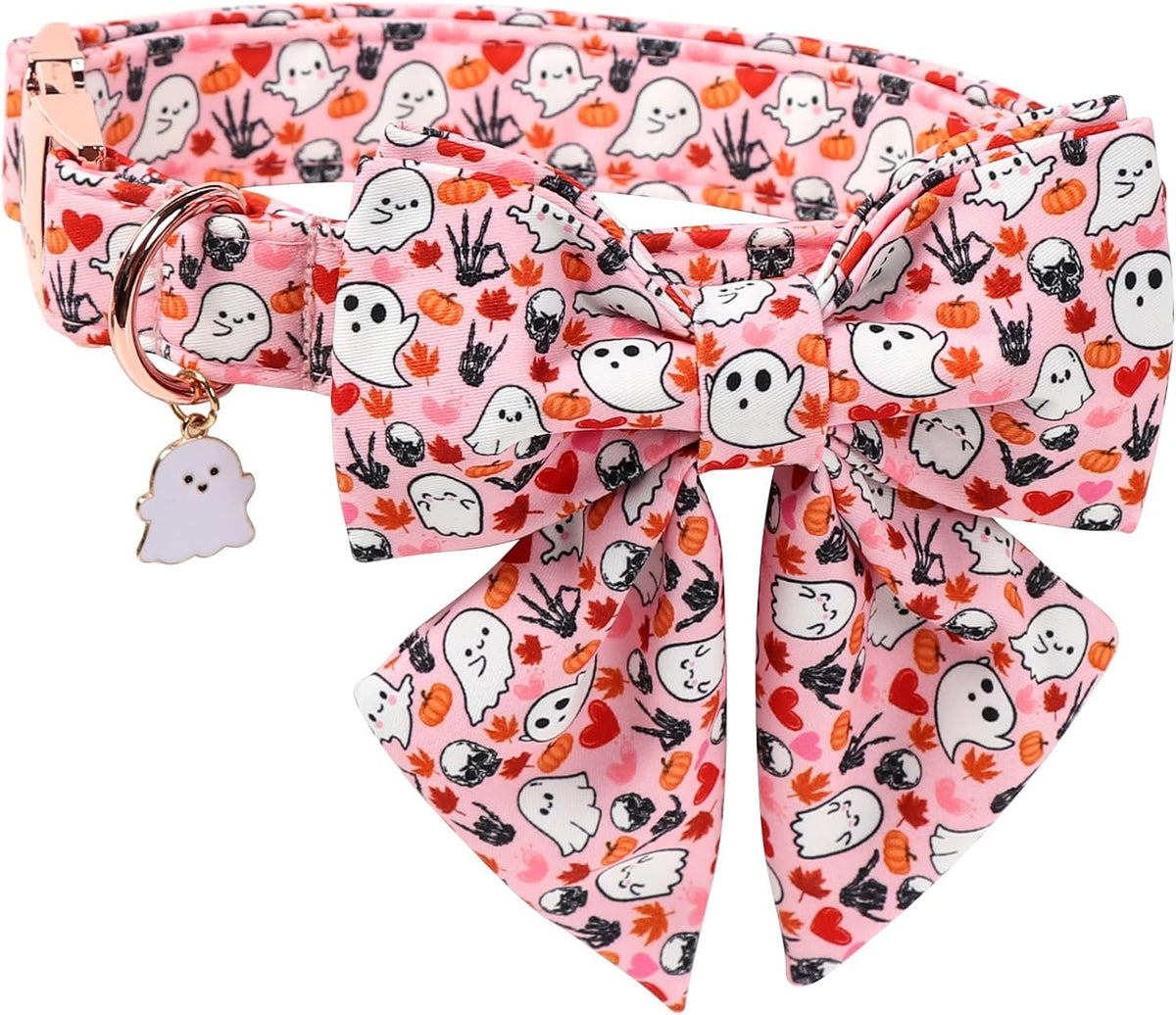 DOGWONG Fall Pumpkin Orange Plaid Dog Collar - ghost Pumpkin / L