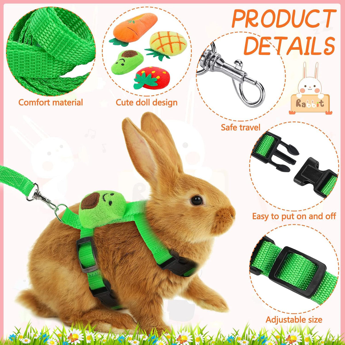 Tondiamo 4 Pcs Adjustable Bunny Harness and Leash Set for Small Pet - Fruit - image 3