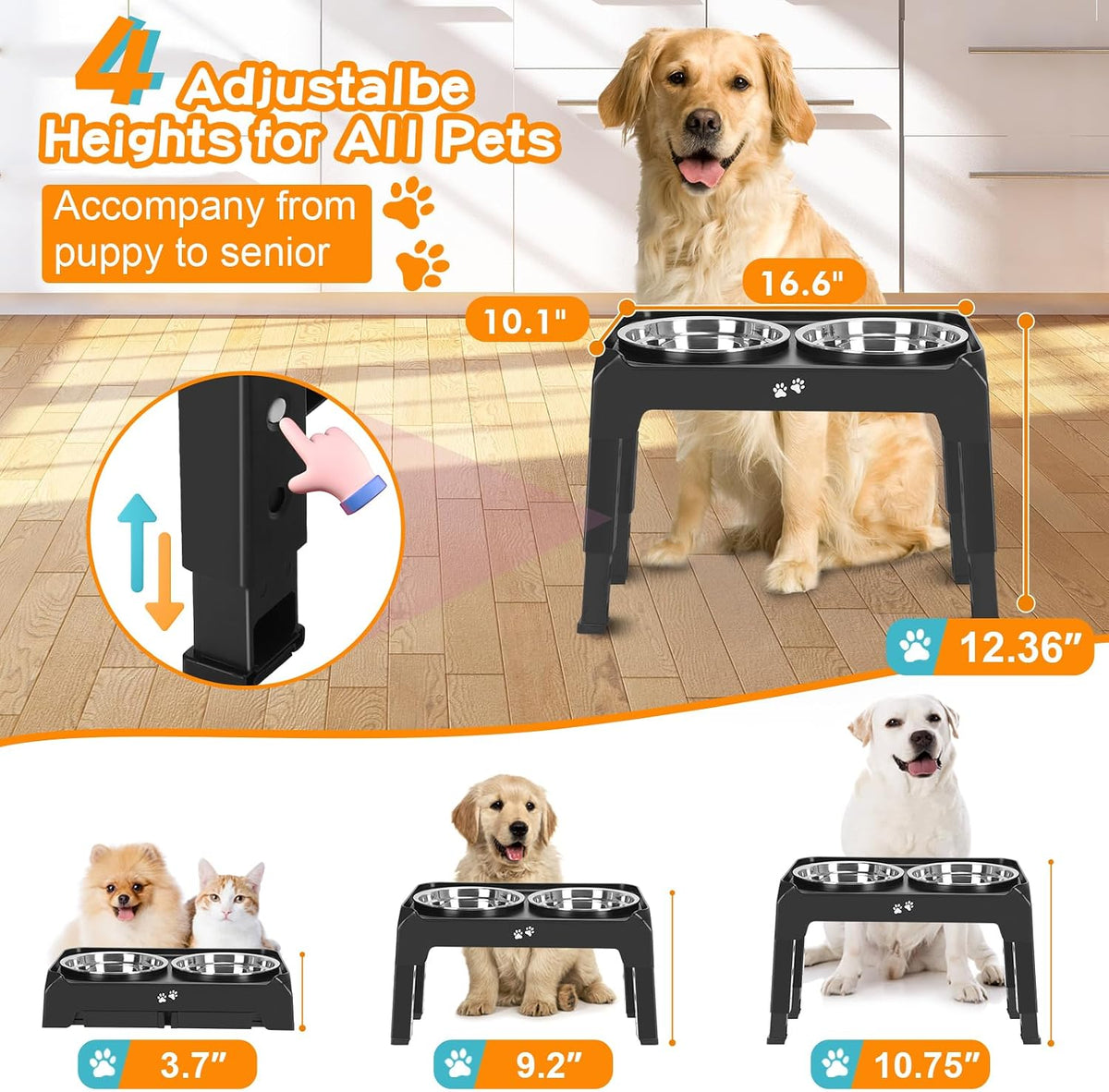Elevated Bowls, 4 Height Adjustable Raised Stand With 2 Thick 50oz Stainless Steel Food Bowls - Black / 8" for Medium Dogs - image 2