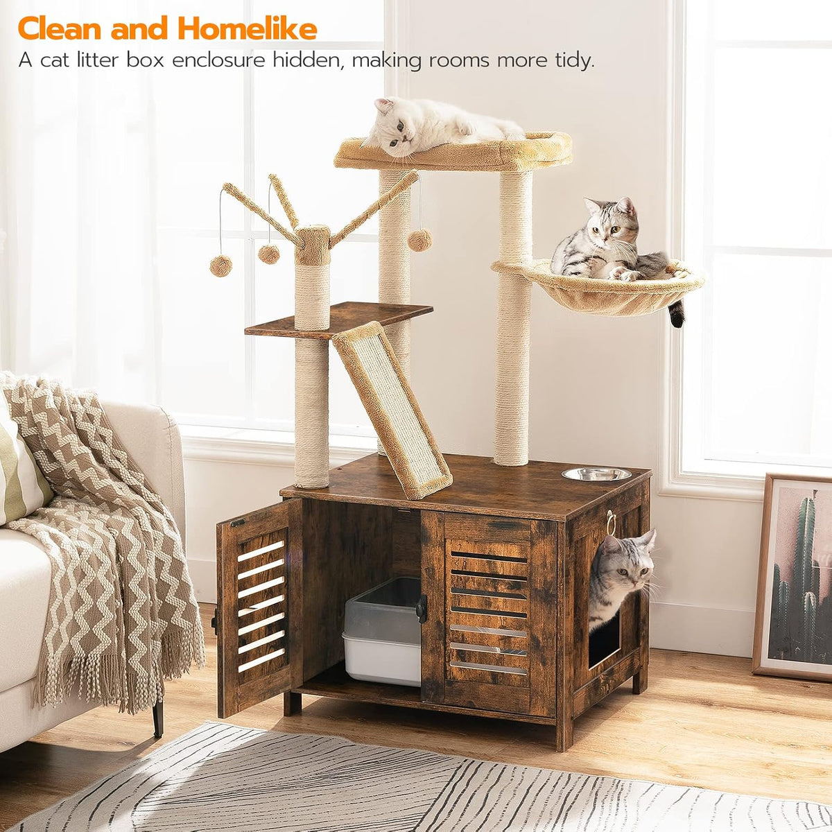 HOOBRO Cat Tree with Litter Box Enclosure - Rustic Brown - image 2