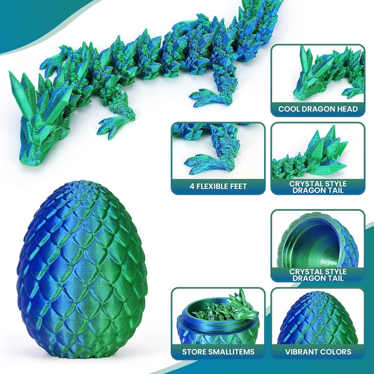 3D Printed Dragon Egg, Mystery Articulated Crystal Dragon Egg Fidget Toys, 3D Print Surprise - Laser Green - image 2