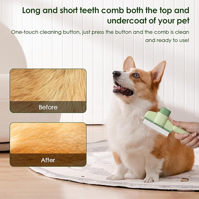 Flea Comb for Cat Hair Removal Comb, 2025 New Self-Cleaning Flea Brush for Cats and Dog, Comfort Cat Hair Removal Tool with Long & Short Stainless Steel Metal Grooming Brush(Green)