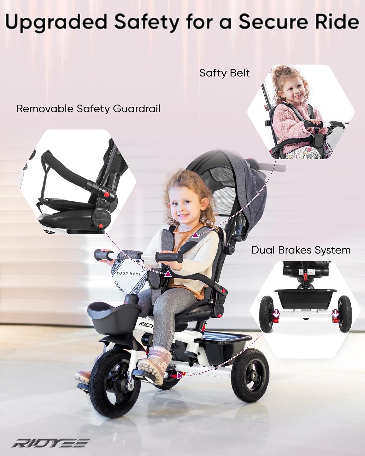 RIDYEE 7-in-1 toddler tricycle with push handle, canopy and rubber tires - view 13