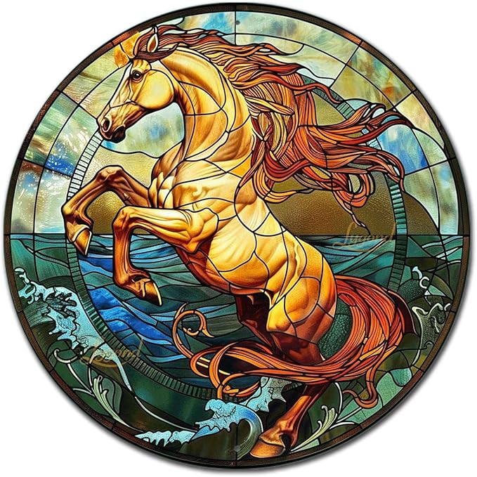 Lygond Metal Sign Tin Sign Circular Stained Glass Horse Funny Outdoor Decor for Bar 12×12 Inches